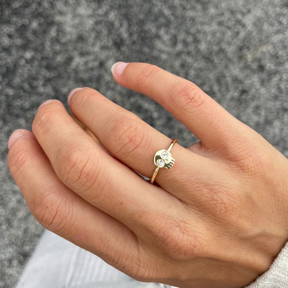 14k Gold Filled Vermeil Crystal Hollywood Forever Skull Ring - Picture 12 of 17